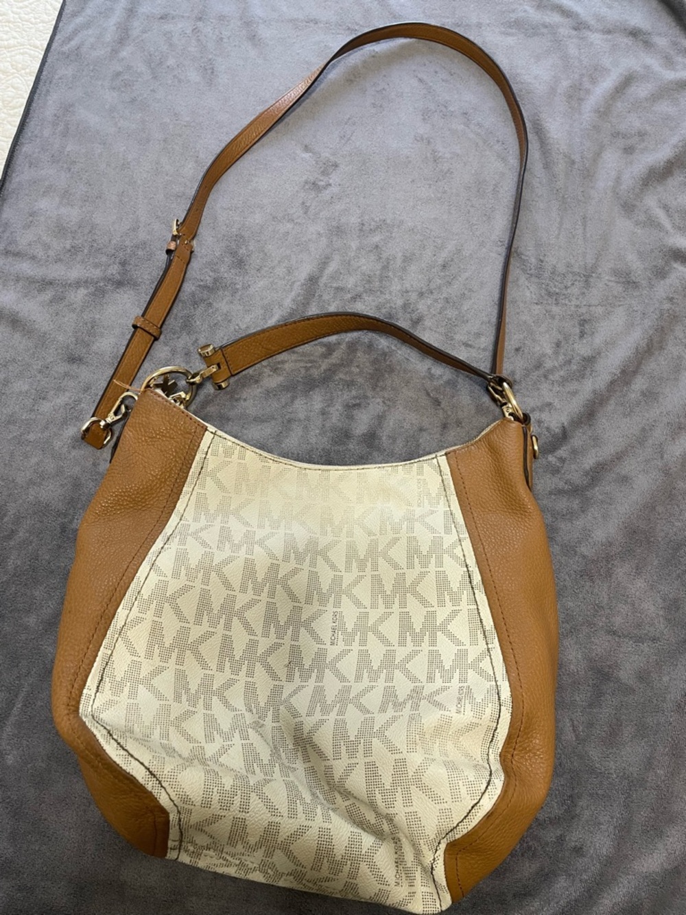 Michael Kors Cream MK Logo Hobo with Tan Leather Trim